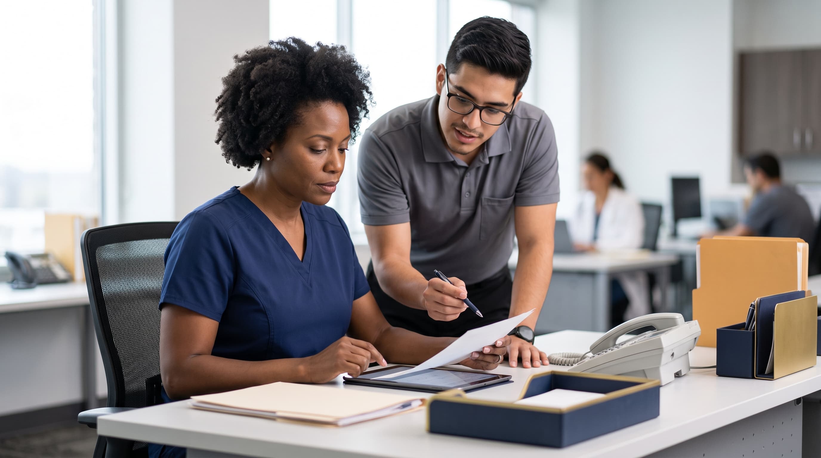 Diverse healthcare administrator or physician reviewing documents at a clean organized desk with focused professional calm