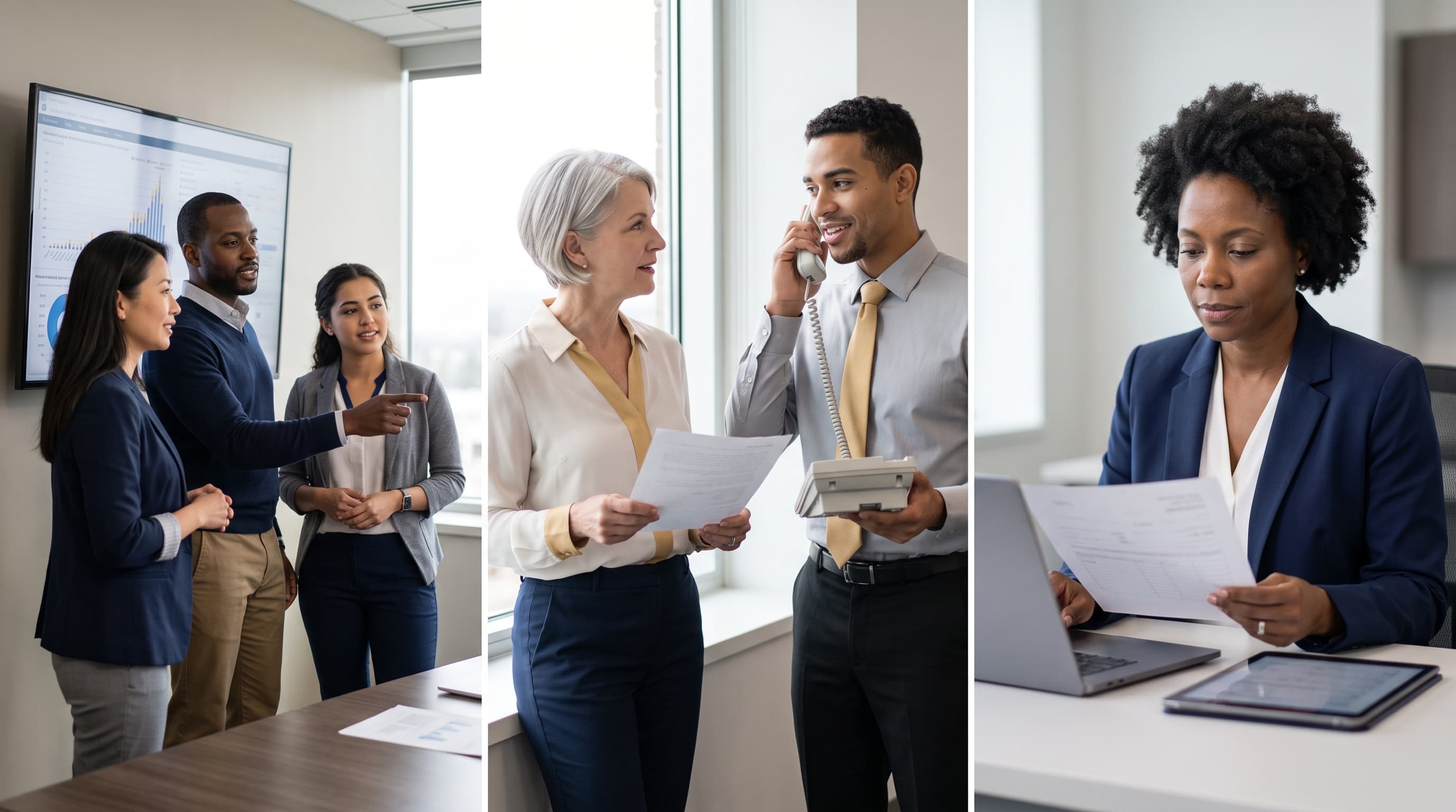 Diverse healthcare and business professionals collaborating on documents, conversations, and follow-up work with quiet competence