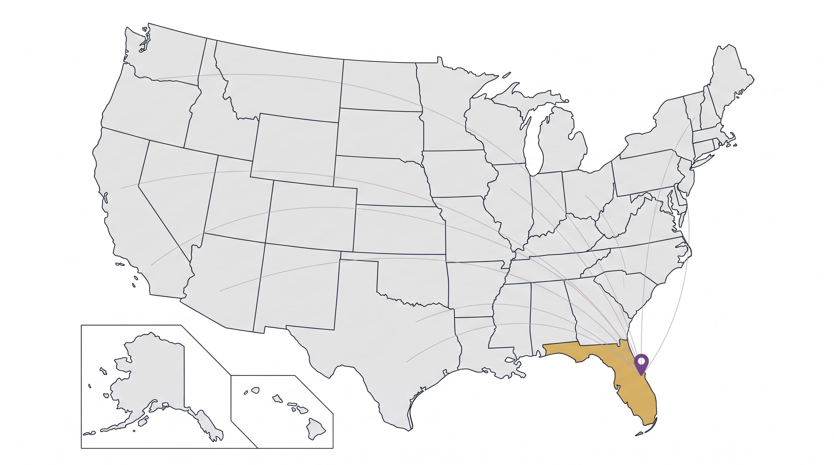Illustrated United States map with all 50 states outlined and Florida emphasized as LaunchPoint's Space Coast home base